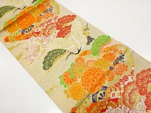 アンティーク　鶴に巻物・菊・梅模様織り出し丸帯（着用可）